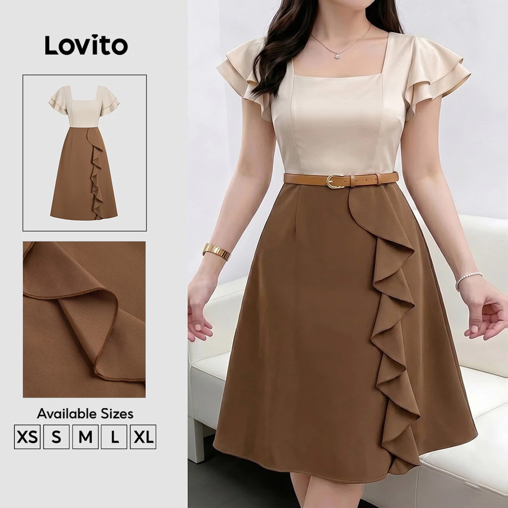 30% OFF Lovito Women Elegant Dress Ruffle Fake 2in1 Zipper Spring/summer Dress (no belt) LK6ED162