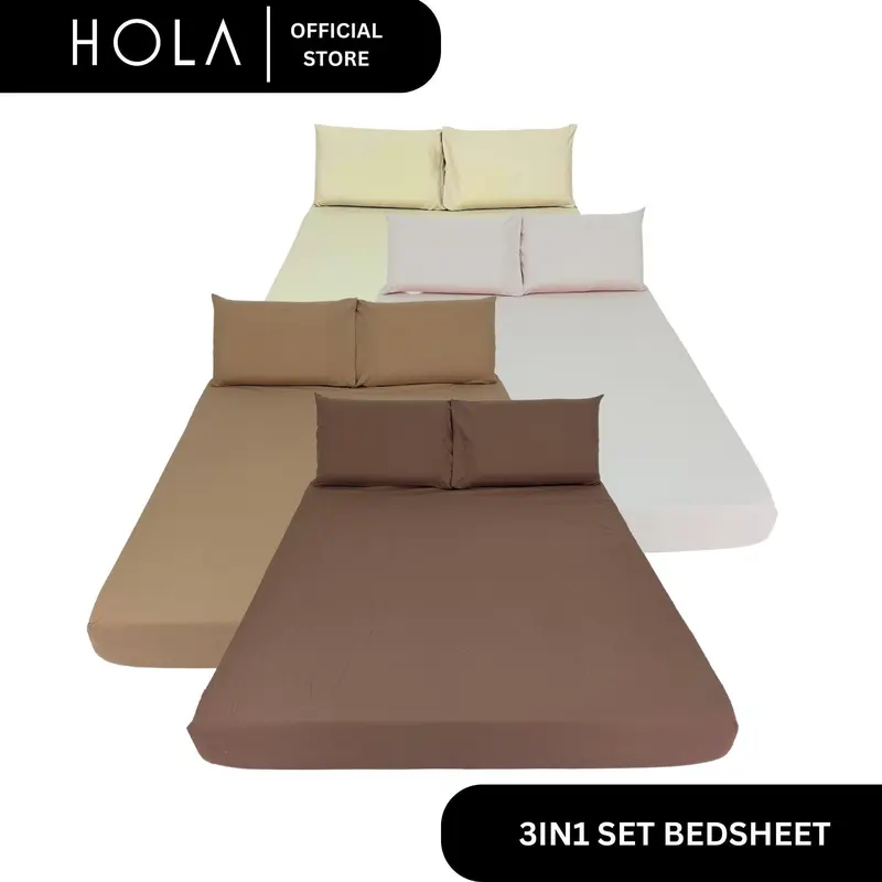 13% OFF HOLA Bedsheet | Plain Cotton | Full Garter Fitted Sheet + 2 Overlap Pillowcase - Neutral Colors