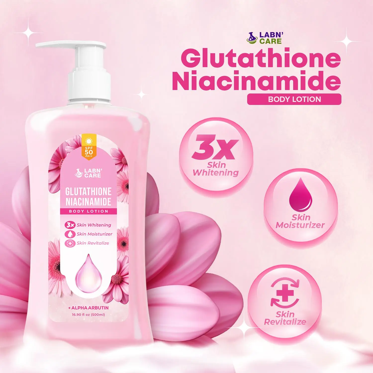 48% OFF【FDA Approved】Labn' Care Glutathione Niacinamide Body Whitening Lotion 500ML With SPF 50 PA++, 3X Skin Whitening, Skin Moisturizer and Skin Revitalize, Bare Vanilla Scent, Mabango at Long Lasting Scent