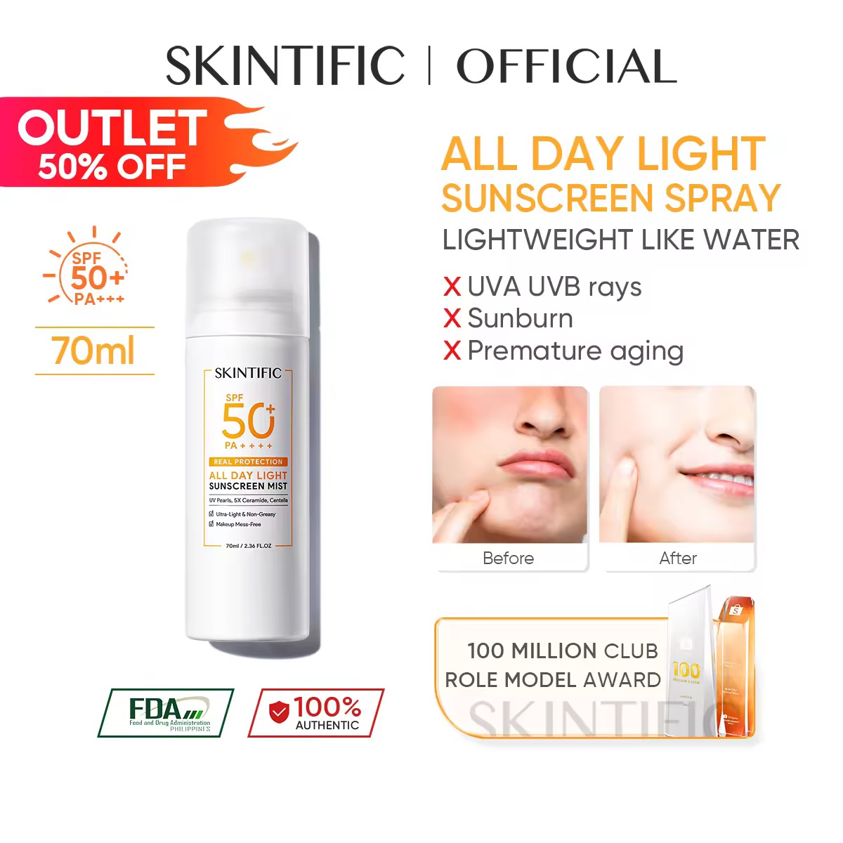 SKINTIFIC OFFICIAL All Day Light Sunscreen Mist SPF50 PA++++ Whitening Sunblock Spray Anti UV Face/Body Spray 70ml