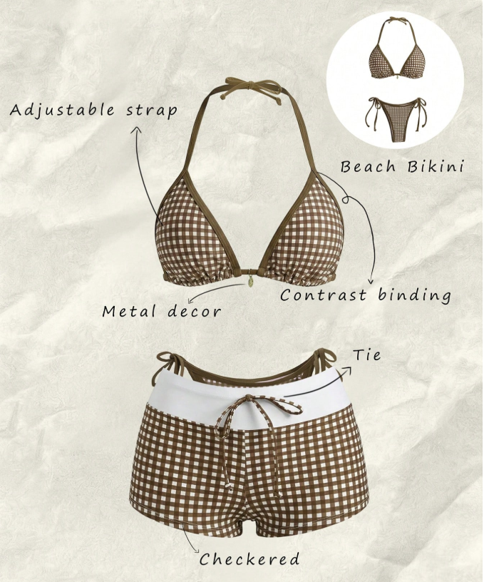 30% OFF Elavelle Multicolor Plaid Tie Side Bikini Set With Spaghetti Strap Top And Tie Back Details For Women