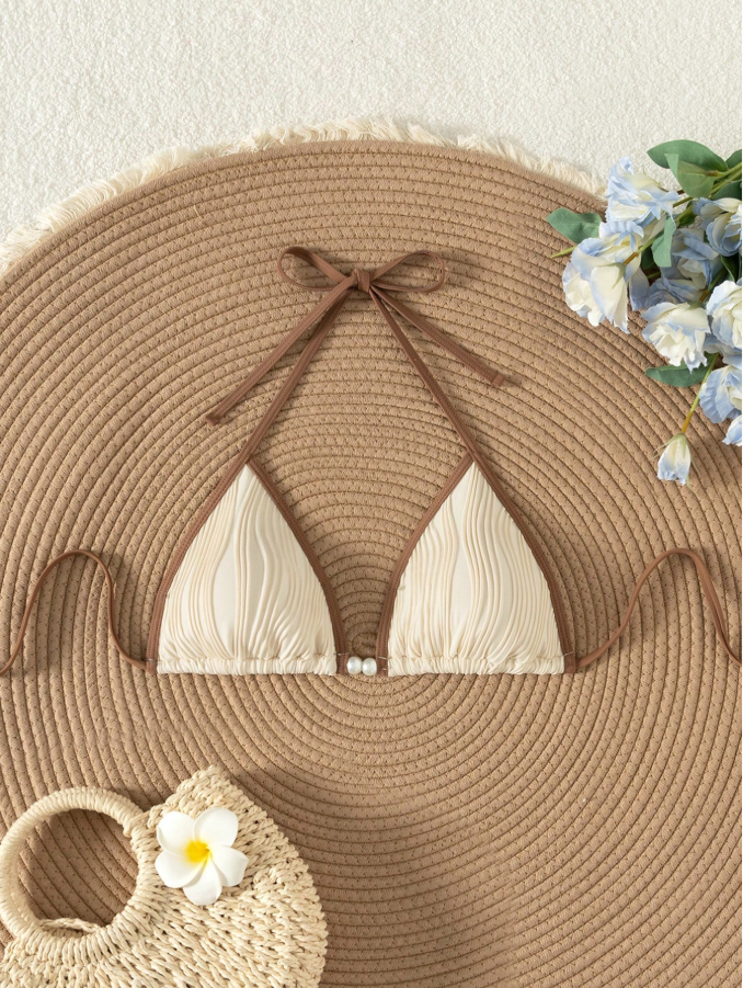 16% OFF Swim Vcay Summer Retro Holiday Beach Apricot Color Splice Special Fabric Women One Piece Bikini Top