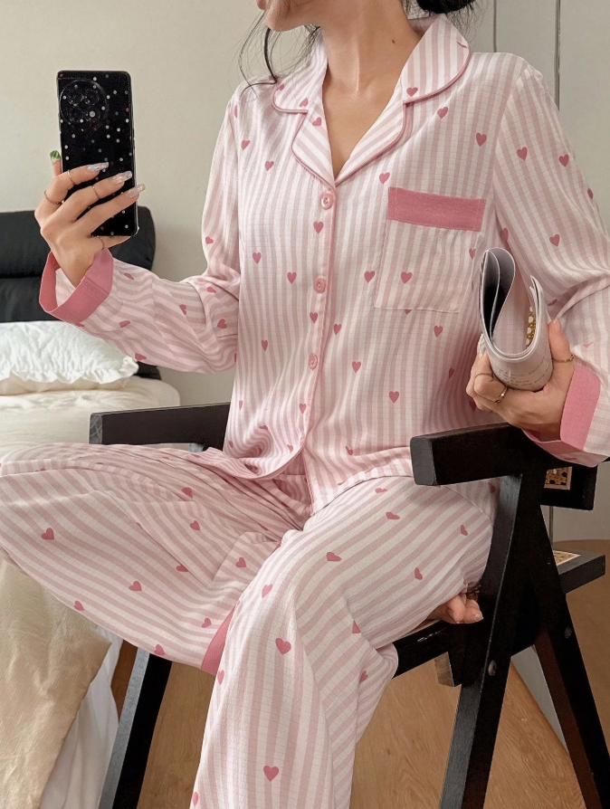 16% OFF Napfluff Striped Heart Print Lapel Collar Pink Button Up Top & Pants PJS, Fall Winter Clothes Cozy And Elegant Details Women PJS