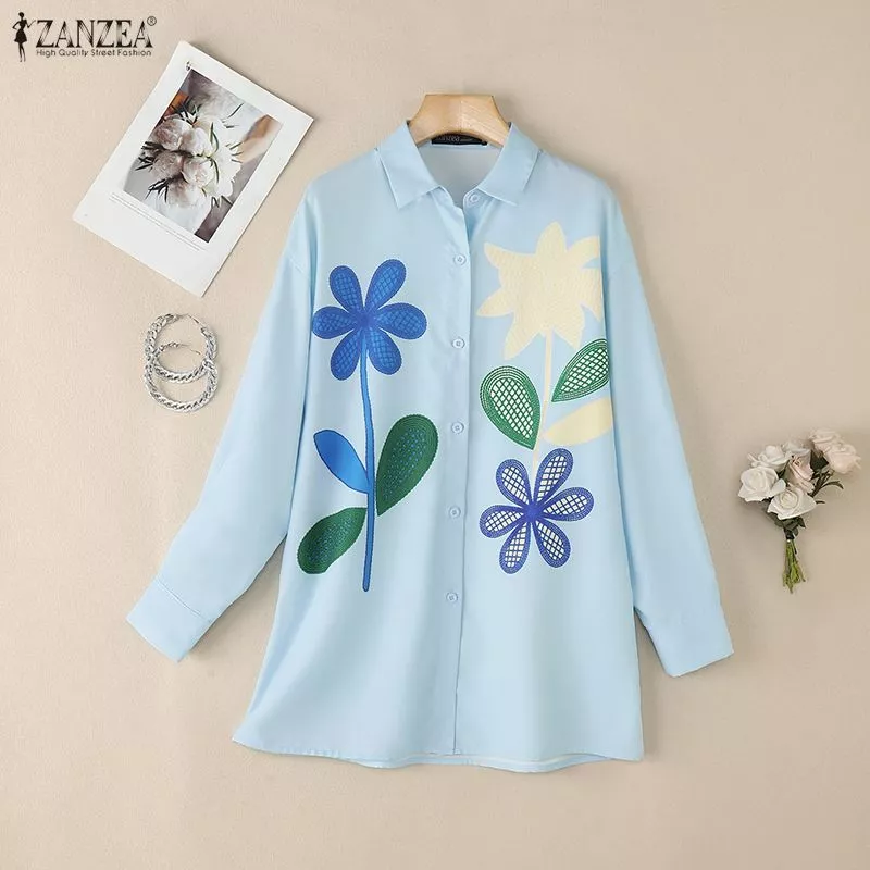 40% OFF ZANZEA Celmia Women Korean Fashion Collar Long Sleeve Loose Floral Print Shirt