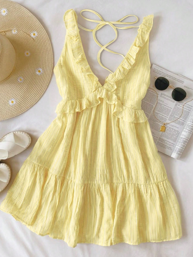 4% OFF INAWLY Women's Ruffle Strap Minimal Solid Color Yellow Mini Dress, Casual Vacation Style, Summer