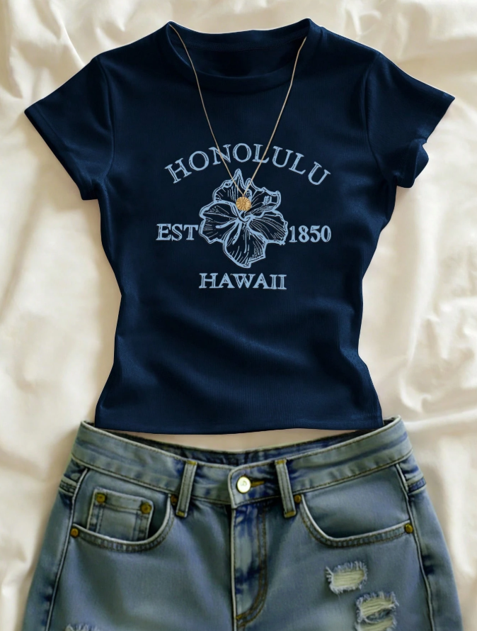 10% OFF SHEIN Navy Blue Summer Casual Plus Size Top For Women,Flowers Patten Graphic Tee,Women's Beach Tank Top,Vacation Holiday Beach Outfit,Y2k T-Shirt,Gift