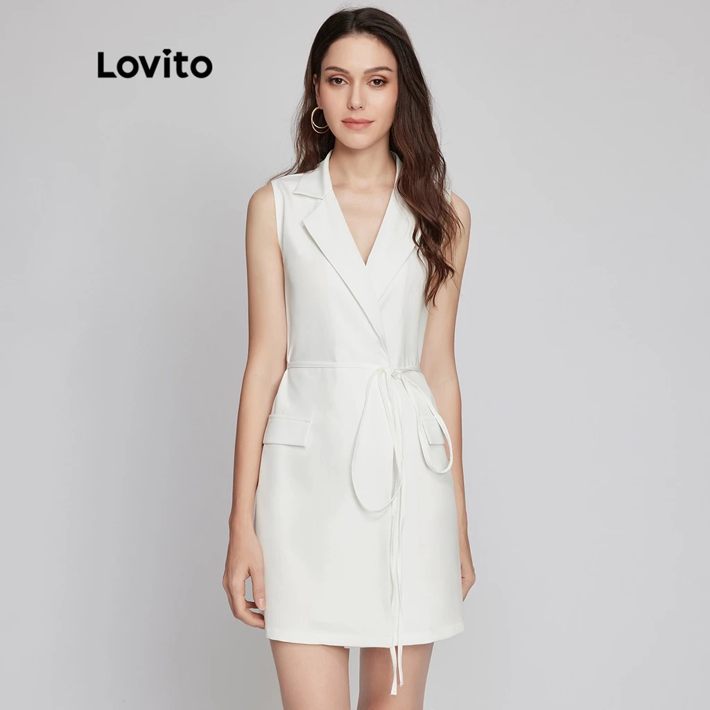 30% OFF (KOL's pick) Lovito Classy Plain Notched Collar Belted Sleeveless Bodycon Women Dress L26LD056