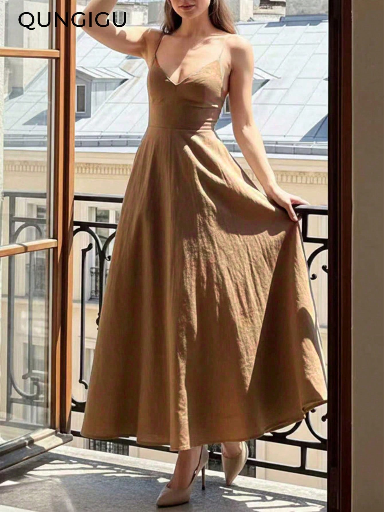 Women's Elegant Spaghetti Strap Mid-Length Dress, V-Neck Linen Texture A-Line Skirt