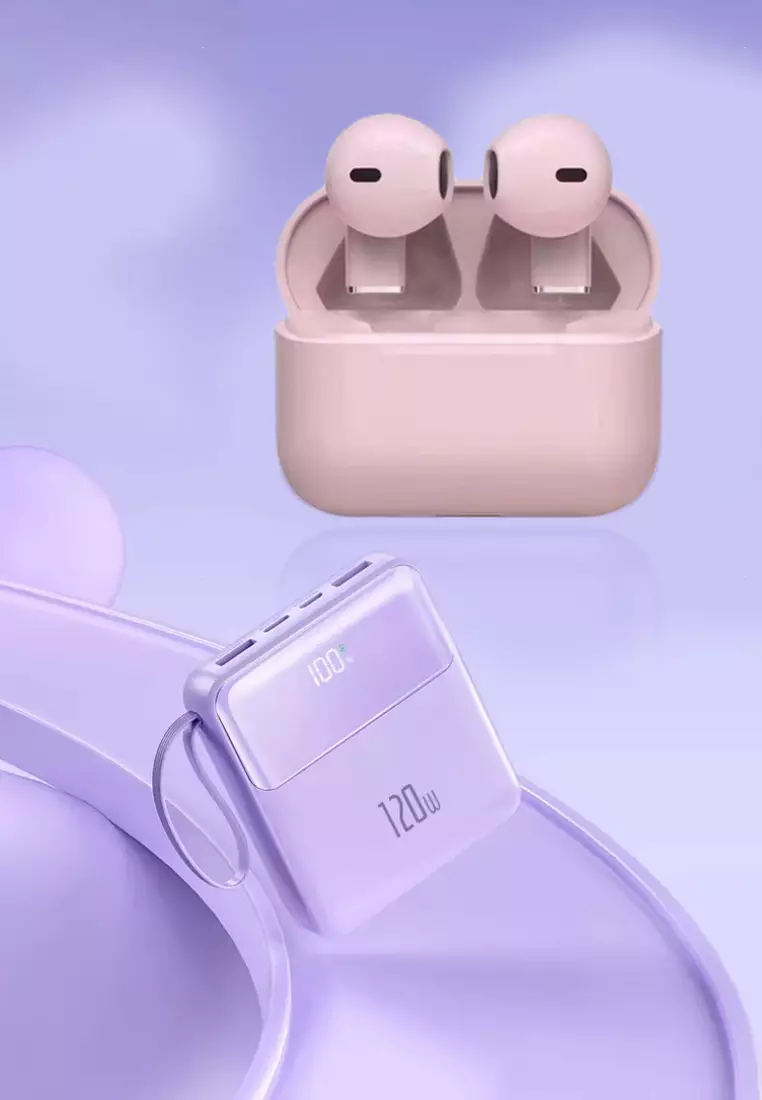 46% OFF Value Deal - 5s PRO MINI Wireless Earphones - Pink + Multi Plug 120W / 30000mAh Fast Charging Power Bank - Purple