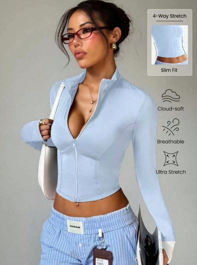 19% OFF Women's Solid Color Stand Collar Zip-Up Long Sleeve Thumb Hole Minimalist Stylish Sports Jacket