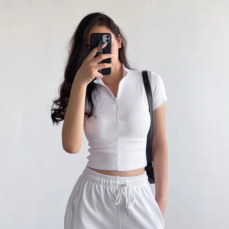 38% OFF Kily.PH Collar Top Half Zip Short Sleeves Stand Knitted Crop Top 6A0158