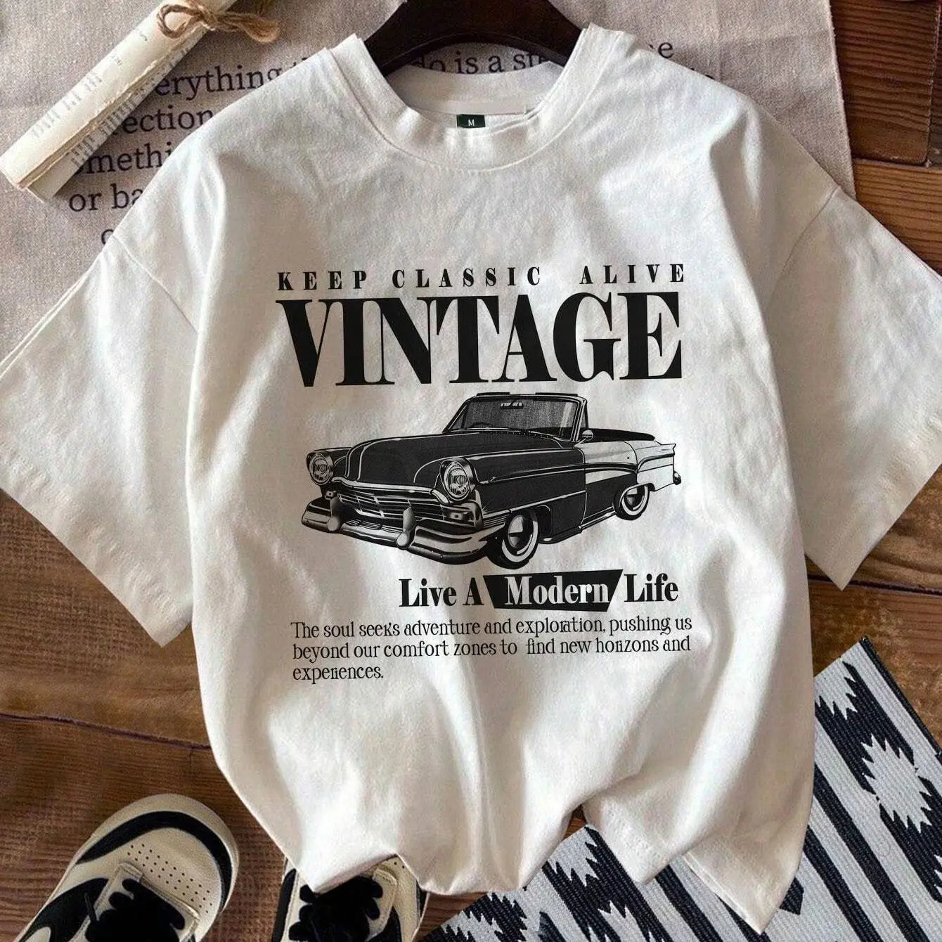 58% OFF【100% Cotton】American Classic Retro Car Letter Print T-Shirt Summer Streetwear Crewneck Round Neck Menswear Top Short Sleeve Lingerie Man Tropical Operator Casual