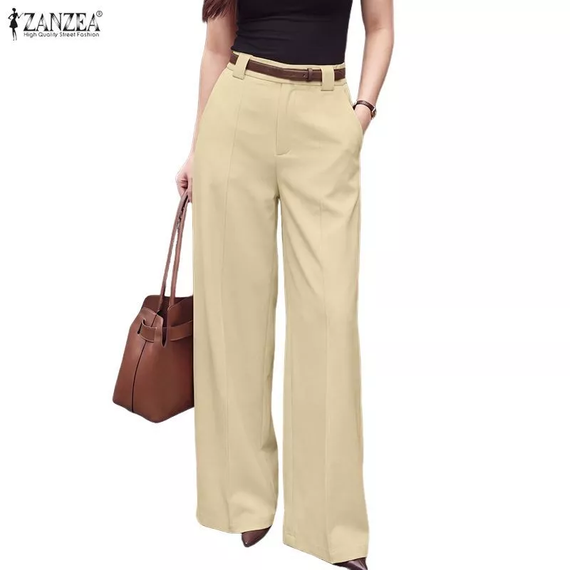 42% OFF ZANZEA Women Korean Elegant Formal Work OL High Waist With Pocket Solid Color Wide Leg Suit Pants
