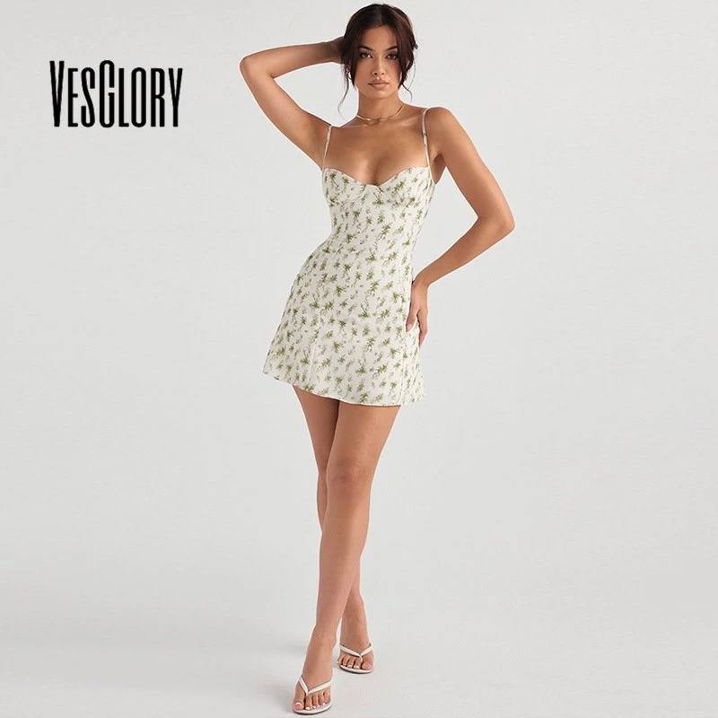 29% OFF VesGlory Women Mini Dress Fashion Floral Printing V-neck Adjusable Straps Nipped Waist Slim Fit Cami Dresses