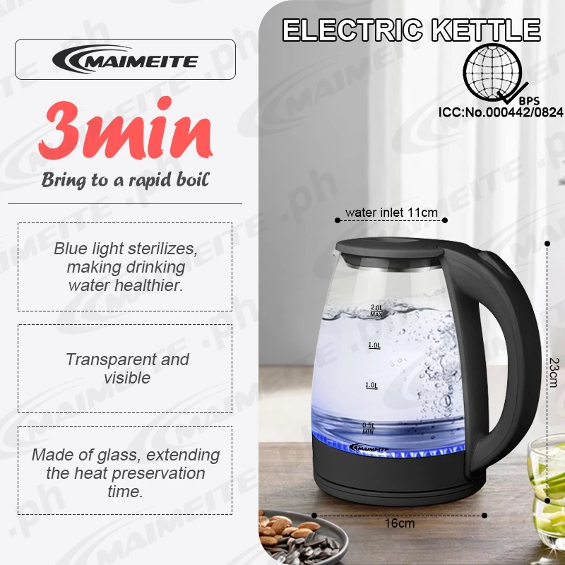 18% OFF Maimeite Electric Kettle 2l 2200w High Power Fast Heating Home Safety Auto-Off Glass water heater