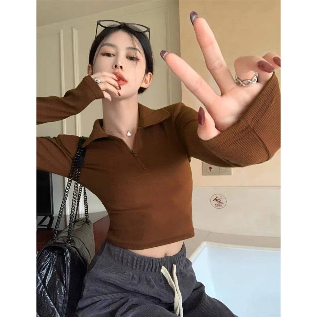 59% OFF Angelcity Collar Tee With Zipper Crop Top Long Sleeve Tops Korean Fashion