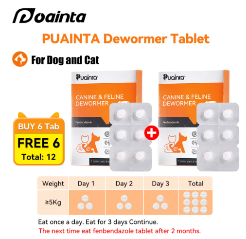 64% OFF PUAINTA 95% Deworming Rate Pet Dewormer Tablet Anti Hookworm Whipworm Roundworm Nematode Deworming Tablet for Cat Dog Pet Healthcare 6 tabs/ Box