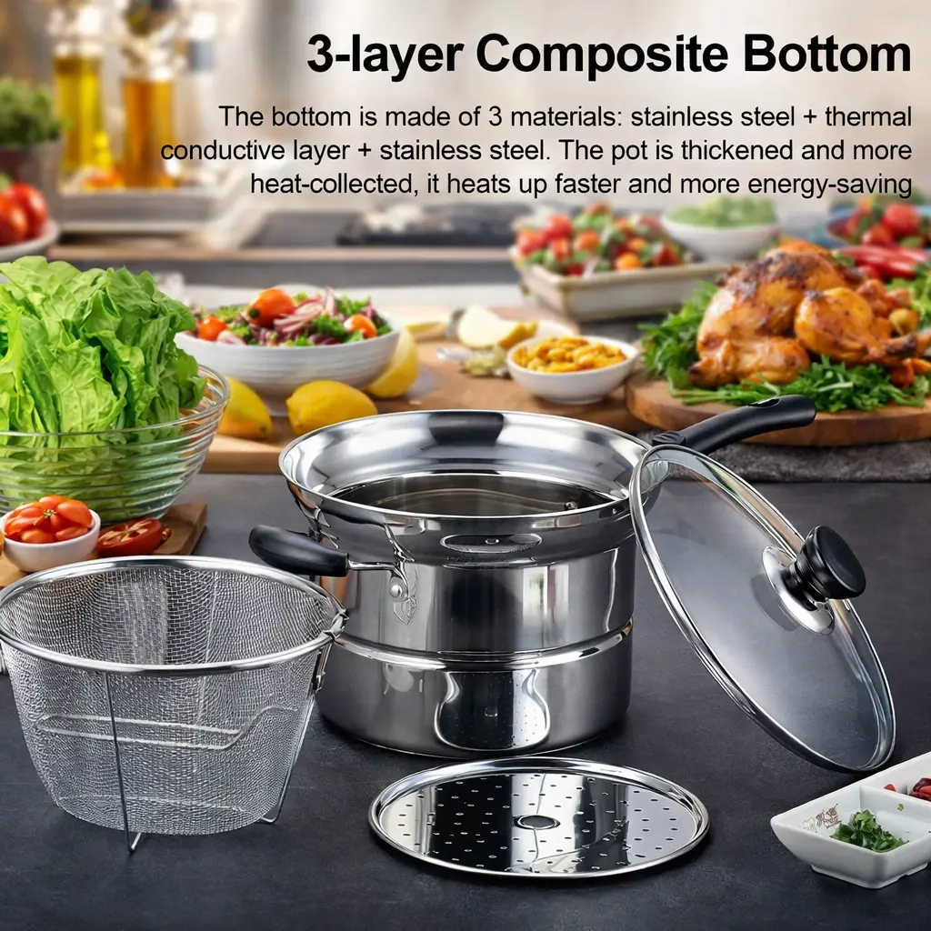 14% OFF Trending Coockware Stainless Steel  Connox Multifunctional 3-in-1 Steamer and Frying Pan Cooking Pot Set with Boil Glass Cover, goods for deep frying outside~