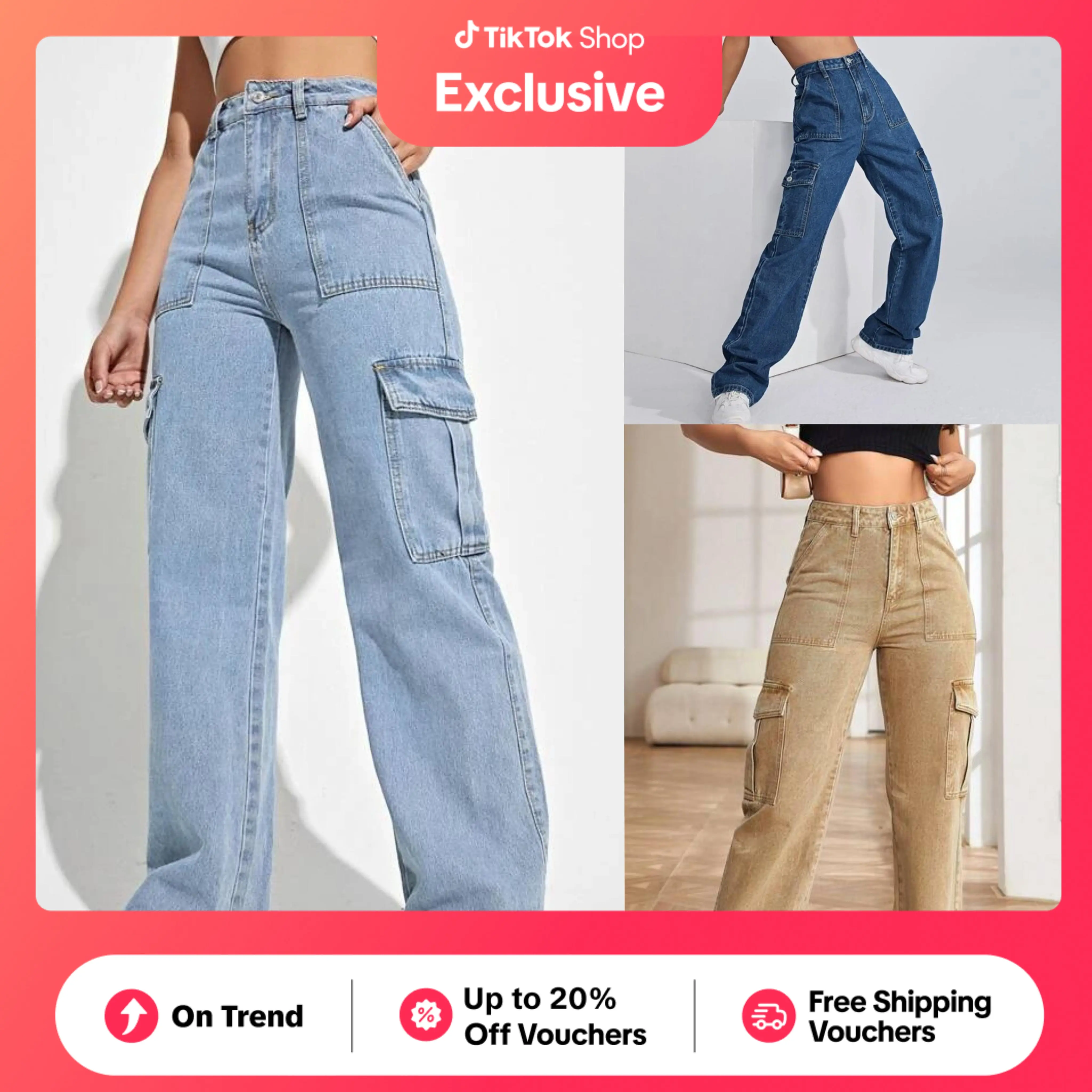 52% OFF Multi Pocket CARGO WIDE LEG PANTS Baggy High Waist Boyfriend Jeans Ladies Straight Pants Best fit for 5 flat to 5'6 Unisex