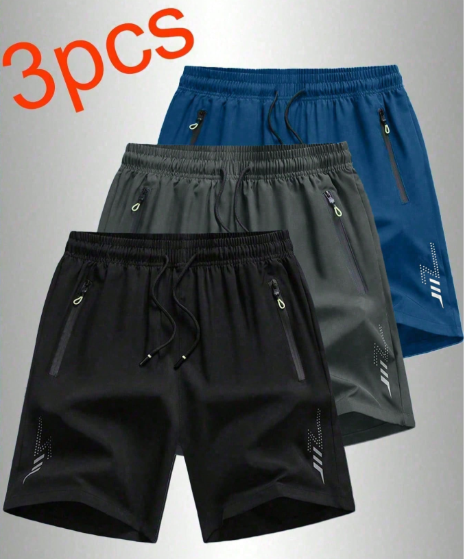 34% OFF 3pcs Men's Casual Sports Shorts, Loose Fit Quick Dry With Reflective Stripes, Pockets, Zipper Waist And Drawstring, Suitable For Fitness, Running And Outdoor Activities Black Summer