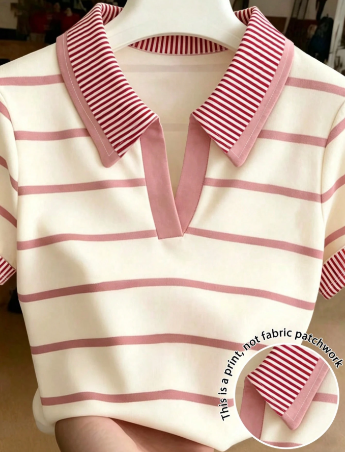 4% OFF Resyla Women's Minimalist Casual Preppy Versatile Pink And White Striped Collared T-Shirt, Everyday Wear Brunch School Summer