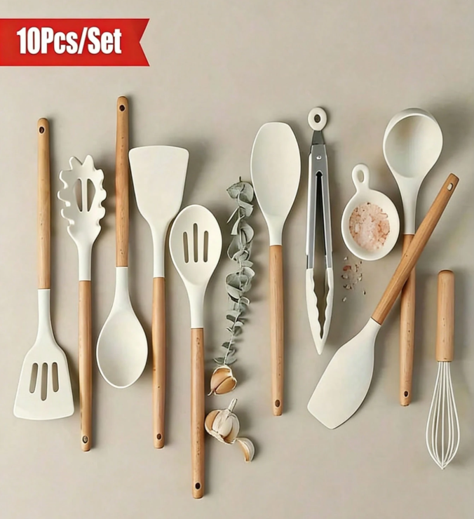 7% OFF 10pcs Silicone Kitchen Utensil Set With Wooden Handles - Non-Stick, Heat Resistant, Suitable For Home And Restaurant - Great For Christmas, Valentine's Day, Thanksgiving, Mother's Day And Other Holidays