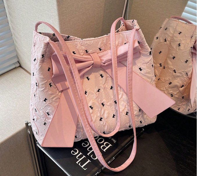 12% OFF Solid Color PU Leather Bow Decor Lightweight Fashionable Women Large Capacity Shoulder Bag, Elegant Lady Handbag