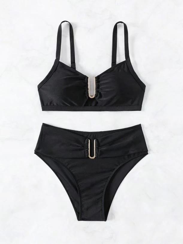 35% OFF European And American Style Women'S Swimsuit, Slimming Sexy, Beach Two-Piece Black Bikini Set With U-Shaped Support, Suitable