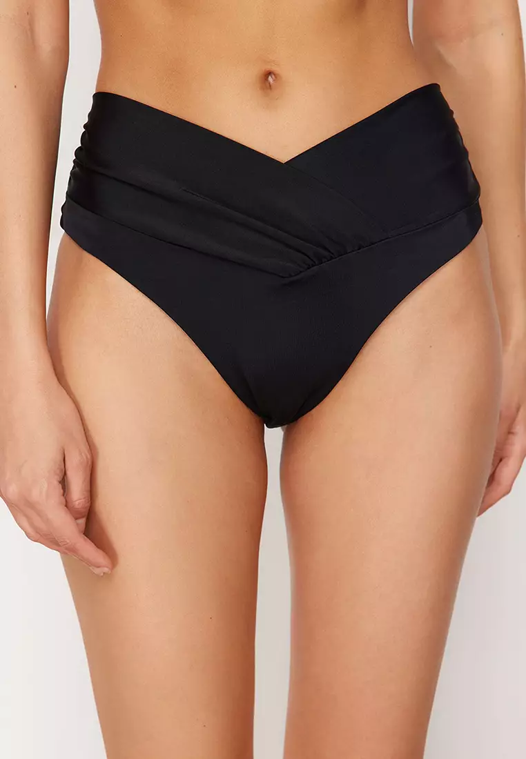 76% OFF V-Cut Ruched Panel Bikini Bottom