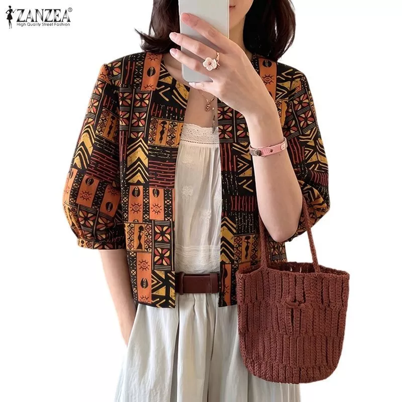 45% OFF ZANZEA Celmia Women's Vintage Vacation Ethnic Totem Loose H-Line Half Puff Sleeve Kimono Cardigan