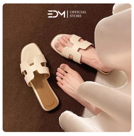 50% OFF EDM Ladies Flat Flip flops Elegant Slides H Strap Leather Summer Beach Sandals Women Slippers Sandals for Women