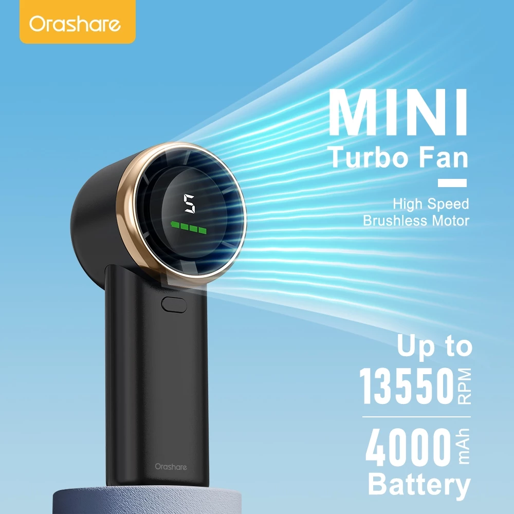 76% OFF Orashare HF03 4000 mAh Portable Turbo Fan High Speed Handheld Fan 5 Speeds Strong Wind Mini Fan