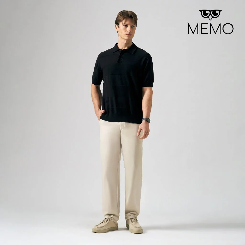 60% OFF Memo Flat Knit Wide Stripe Polo For Men (Black/Cream)
