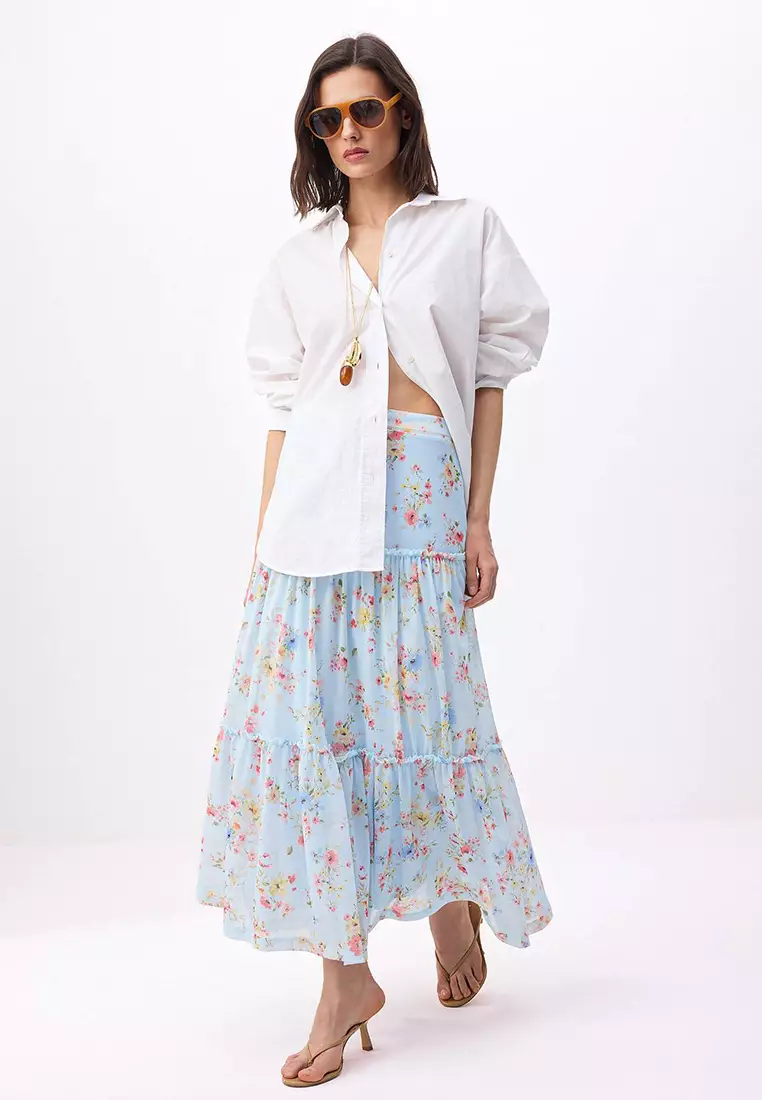43% OFF Trendyol Light/Baby Blue Tulle Floral Printed Maxi Skirt With Gathered/Draped Detail Stretchy Knitted Skirt Twoss25Et64