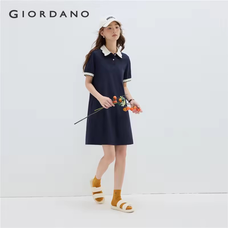 66% OFF GIORDANO Women Dresses Contrasting Wave Trims Polo Dresses Flower Buttons Short Sleeve Fashion Casual Polo Dresses