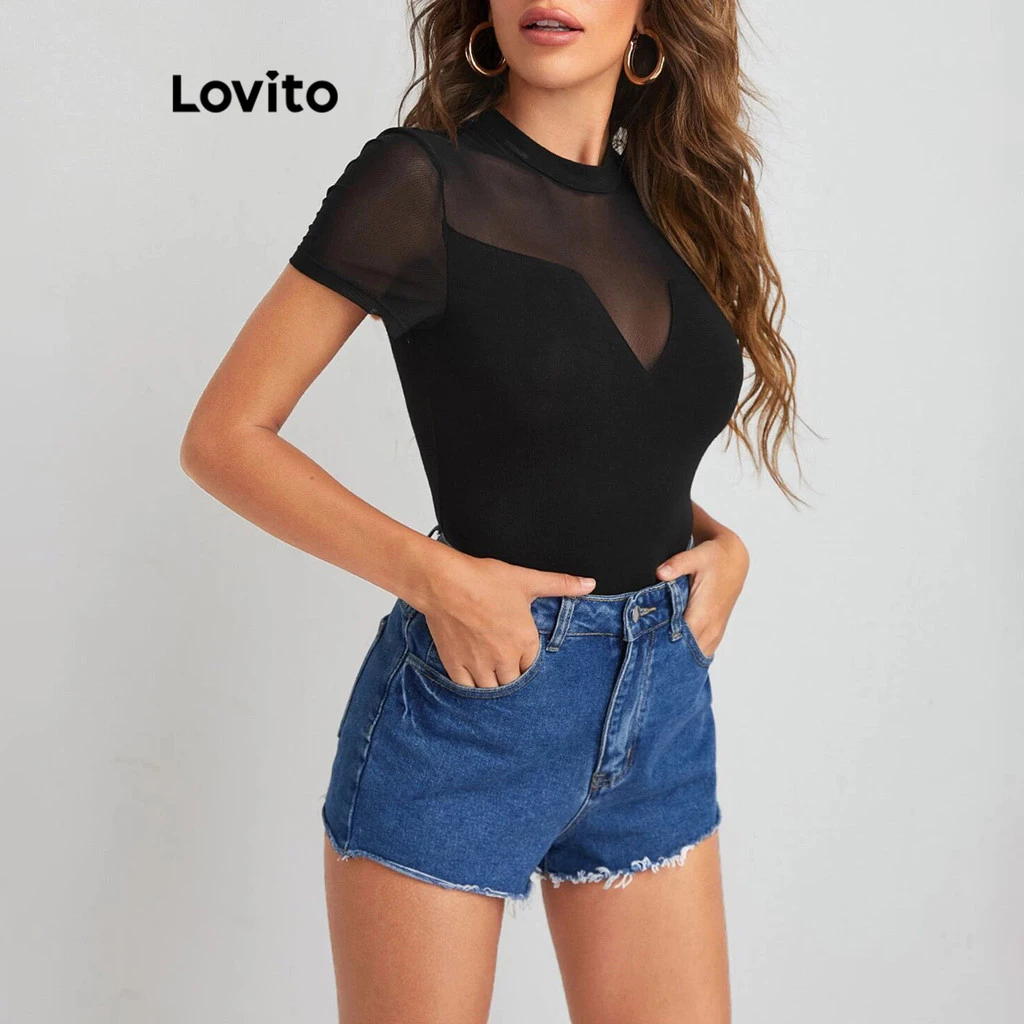 20% OFF Lovito Women Casual Bodysuit Plain Stitching Bodysuit L71ED288 (Black)