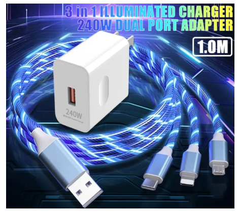 62% OFF 3 in 1 Super Fast Charger for Android with Adapter 240w Charging Flowing Light Up 120Watts