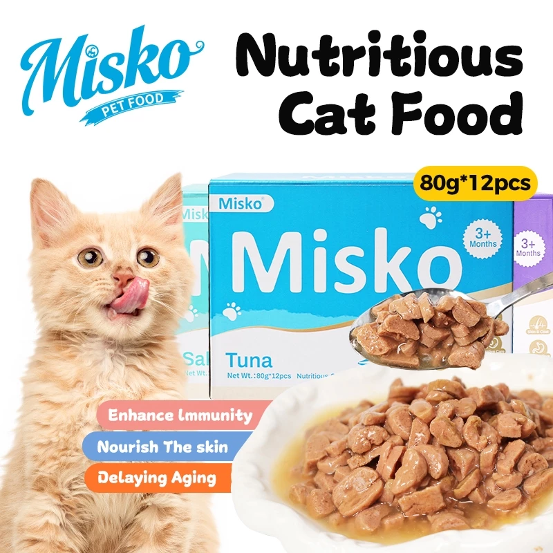 35% OFF Misko Cat Wet Food Pouches - 12x 80g Salmon, Tuna & Chicken Recipe For Shiny Coat Cat Food Main Meal