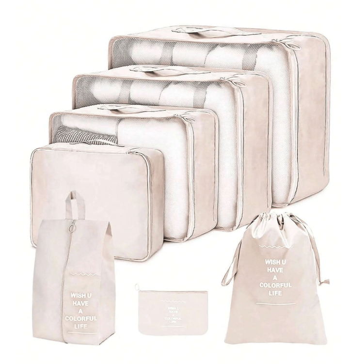 20% OFF 7 Pcs Premium Textured Solid Colour Travel Organizer Monogrammed Clothes Storage Bag, Travel Organizer Sets, Packing Cube Sets, Luggage Storage Bag Sets School Supplies College Dorm Essentials Student Room Decorations