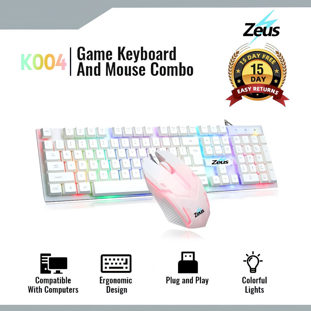 80% OFF Zeus K004 ( Arc-Angle ) Colorful LED Illuminated Backlight Gaming Keyboard And Mouse Bundle