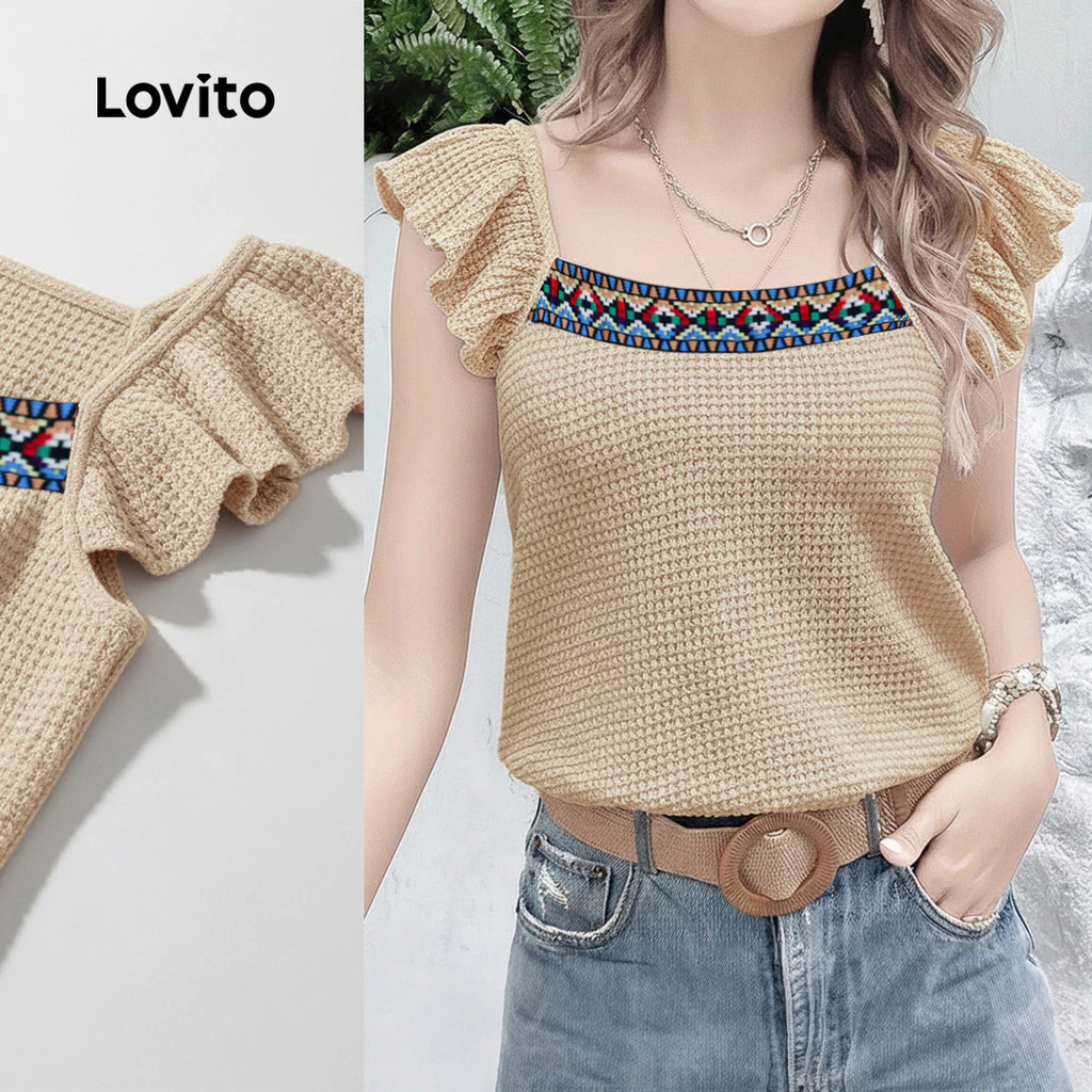 27% OFF Lovito Women Vacation Top Ruffle Spring/summer Apricot Top LK5LD1116