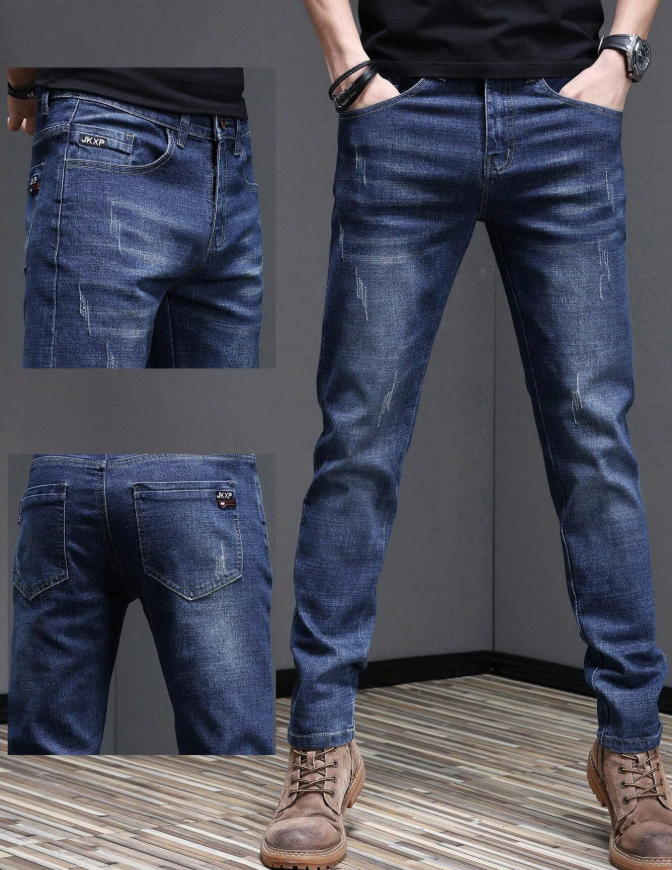 25% OFF Men's Cat Scratch Textured Elastic Slim Fit Tapered Pocket Straight Leg Jeans, Loose Fit Long Style, Horseshoe Wash, Vintage Blue, Y2K Style, Suitable For Casual Outings With Friends