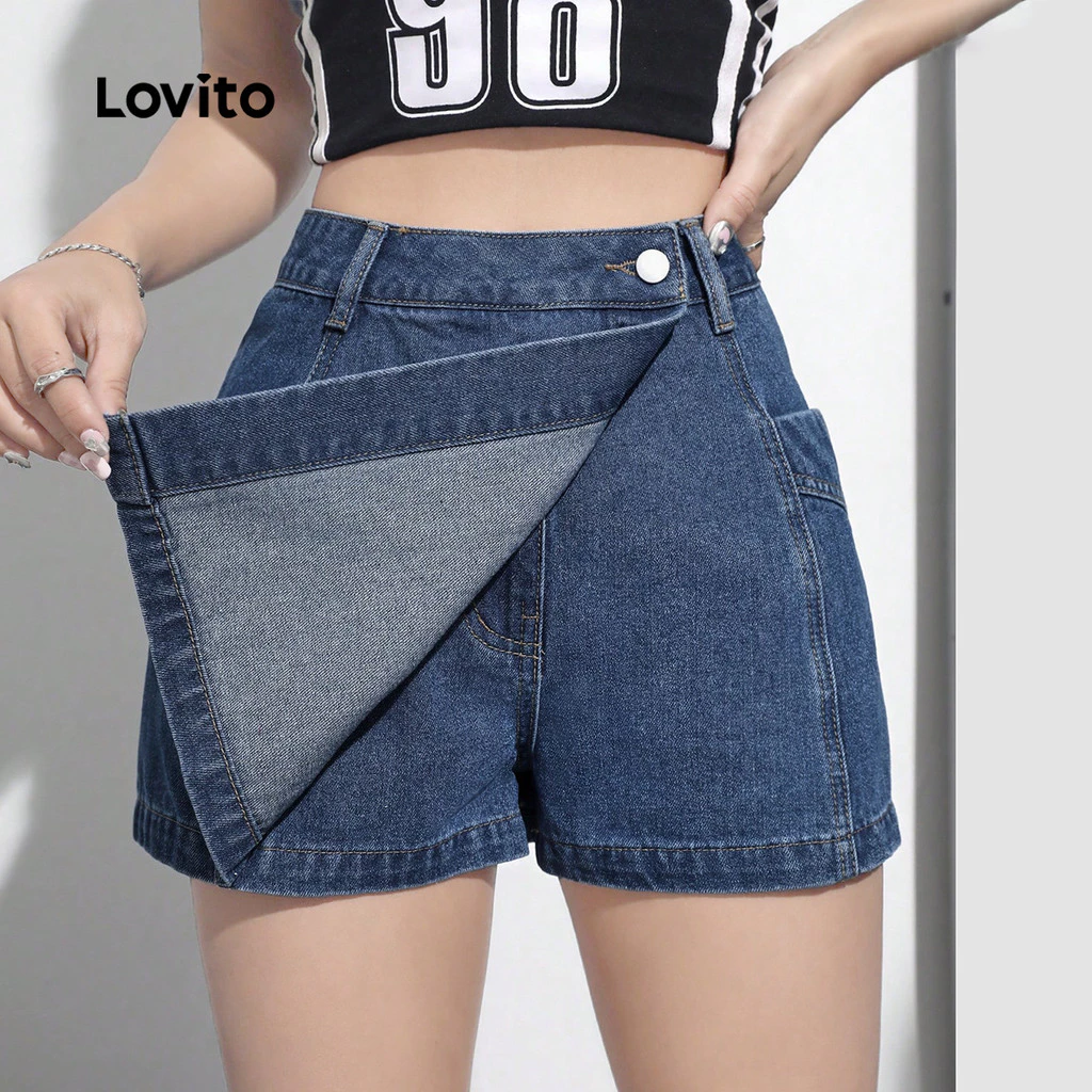35% OFF Lovito Women Casual Denim Shorts Wrap Pocket Washed Spring/summer Blue Denim Shorts L142ED447