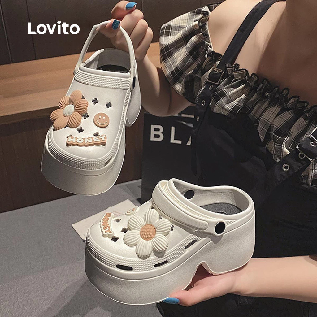 14% OFF Lovito Women Casual Korean Fashion Flat Sandals Plain 9Cm Extra Thick Soft Sole Summer Daisy Show Longer Legs Flat Sandal