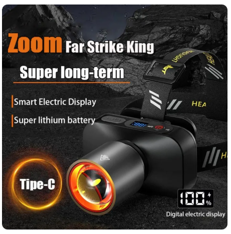 3% OFF Zoomable Headlight Flashlight Rechargeable Waterproof Digital Display Headlamp Emergency Light