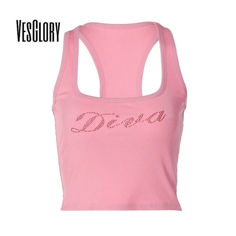 30% OFF VesGlory Women's Fashion U-neck Solid Color Sexy Lettering Ironed Diamond Sleeveless Vest