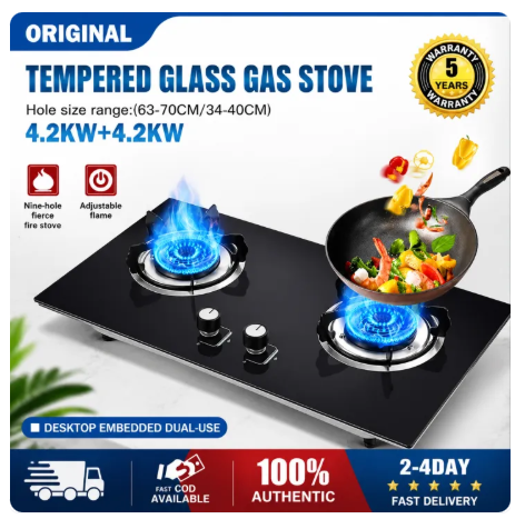 77% OFF 5 year warranty dapur gas 4.2KW/gas stove/Tempered glass desktop+embedded/double burner gas stove