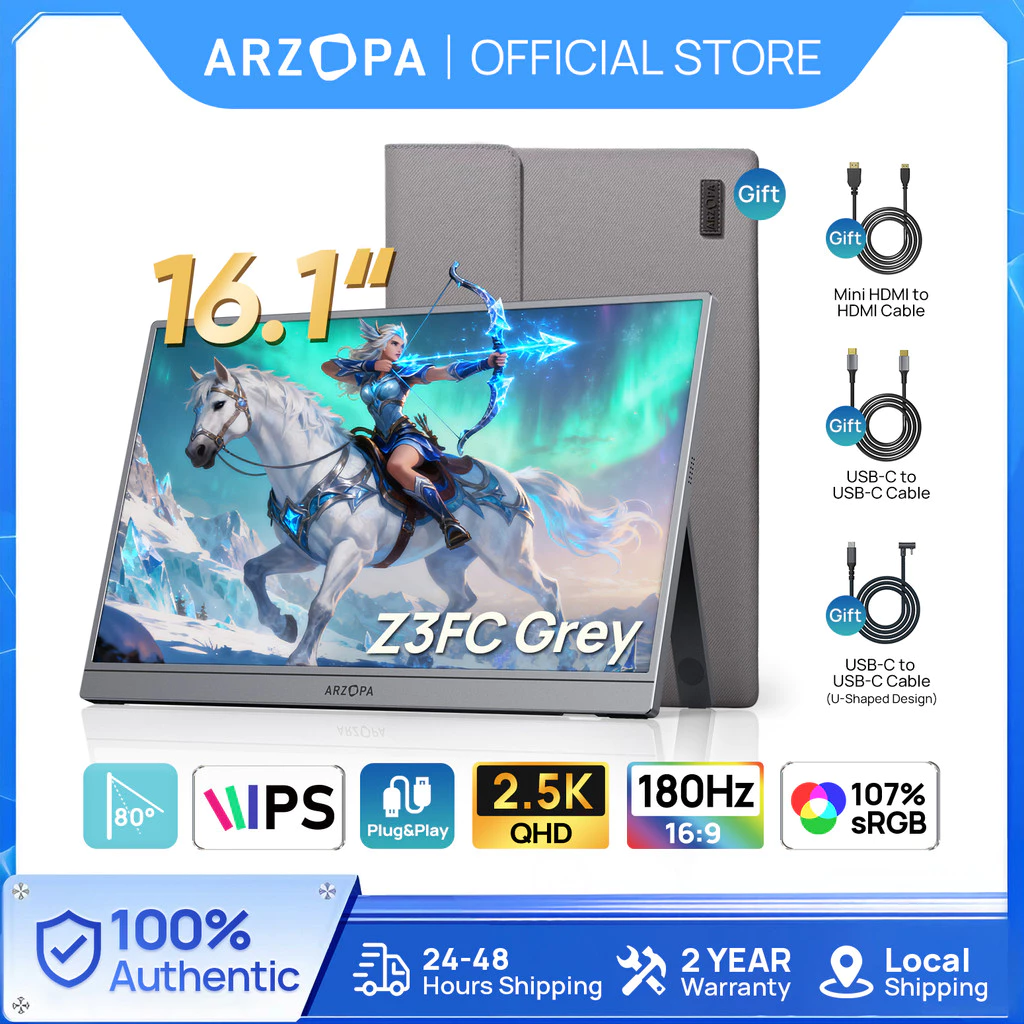 43% OFF ARZOPA 16.1'' 180Hz Portable Monitor-Z3FC Gray, 107% sRGB 2.5K Kickstand Portable Monitor with HDR, Ultra Slim, Eye Care, External