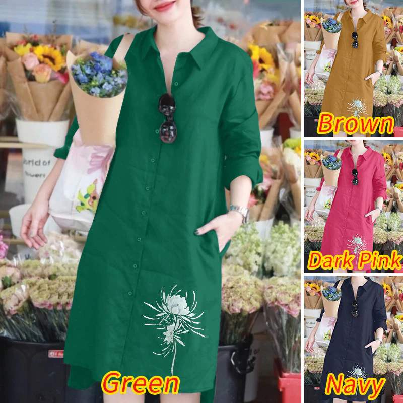40% OFF ZANZEA Celmia Women's Korean Fashion Long Sleeve Breasted Printed Loose ShirtDress