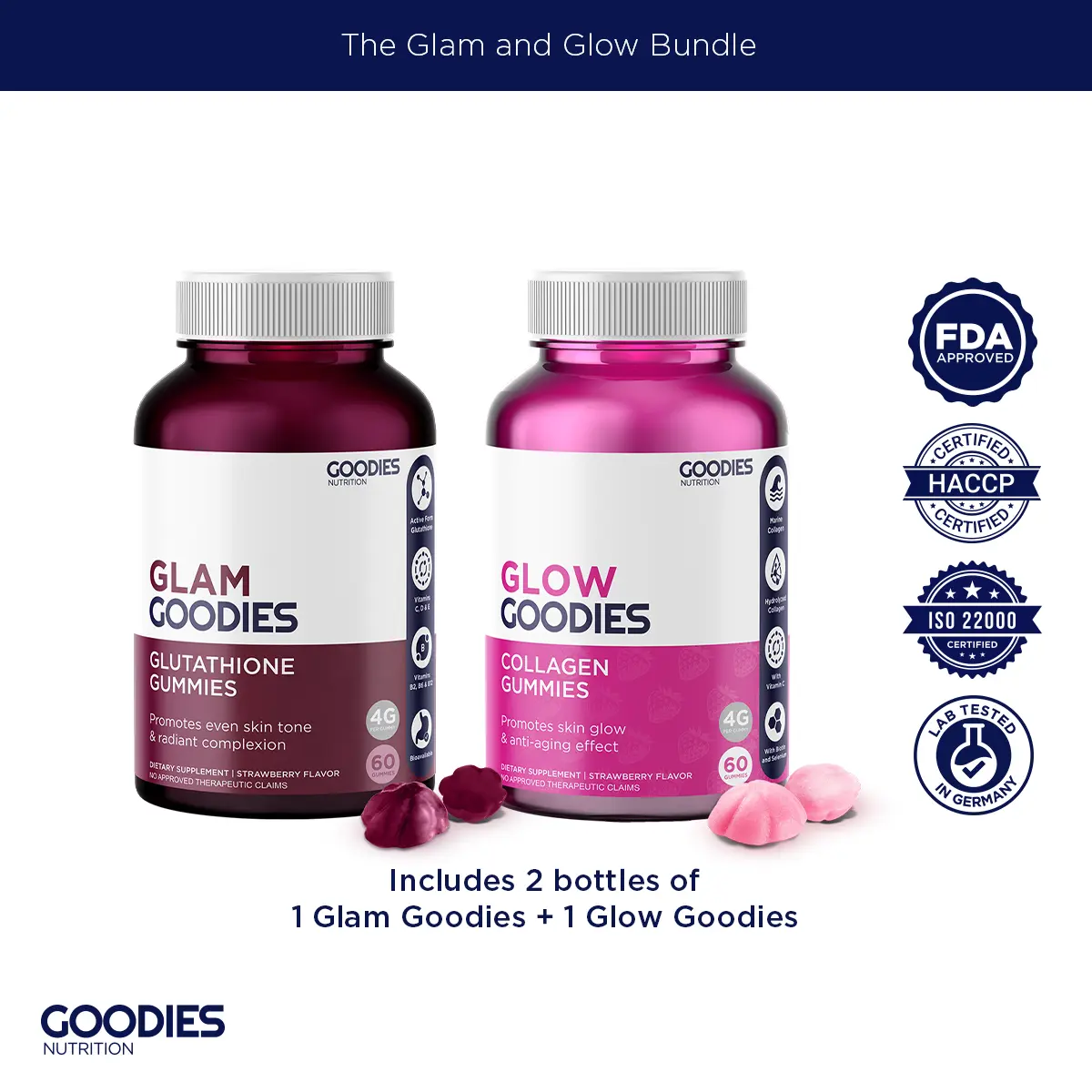 GOODIES NUTRITION Glam and Glow Duo – 1 bottle of Glam Goodies + Glow Goodies  - For Bright and Glowing Skin FDA Approved -  Glutathione and Collagen Gummies Beauty Supplement Edible - Vitamin C Vitamin D  Vitamin E Vitamin B2  Vitamin B6  Folate